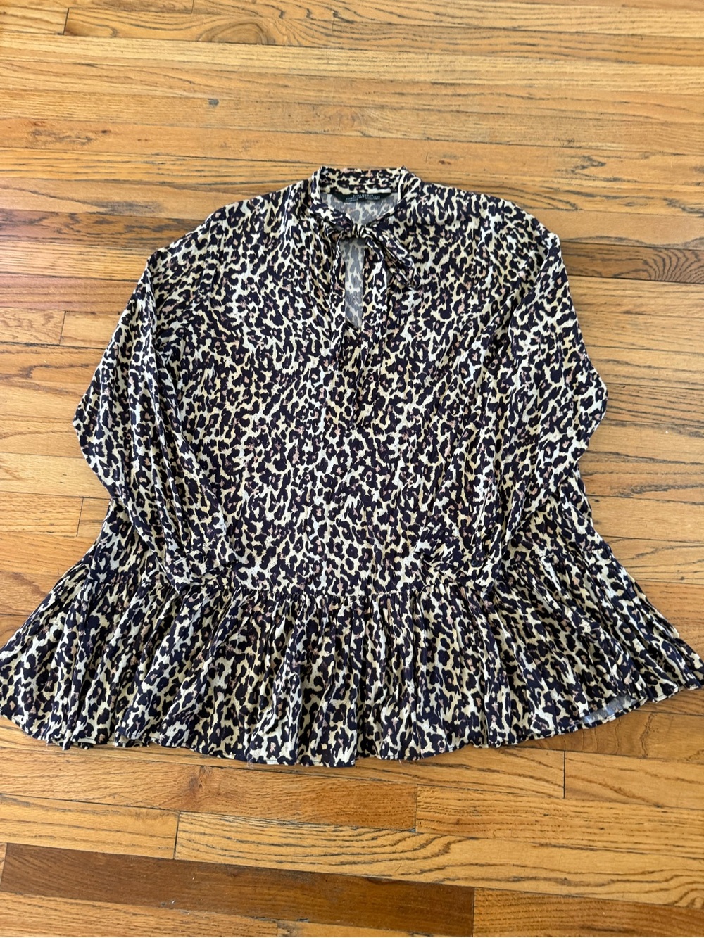 Leopard Print Peplum Tie-Neck Dress - Leopard Size Small